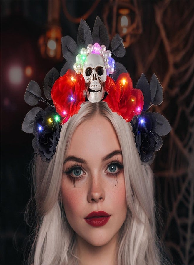 Firuilo Light Up Halloween Headband Skull Flower Crown Headbands Day of the Dead Headpieces Glitter Costume Hair Accessories for Women - Image 2